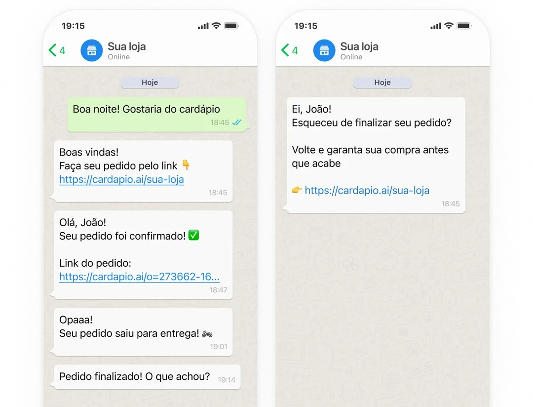 Celulares mostrando o robô de WhatsApp em ação