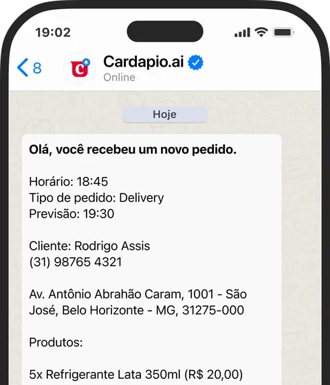 Celular recebendo a notificação de um novo pedido pelo WhatsApp