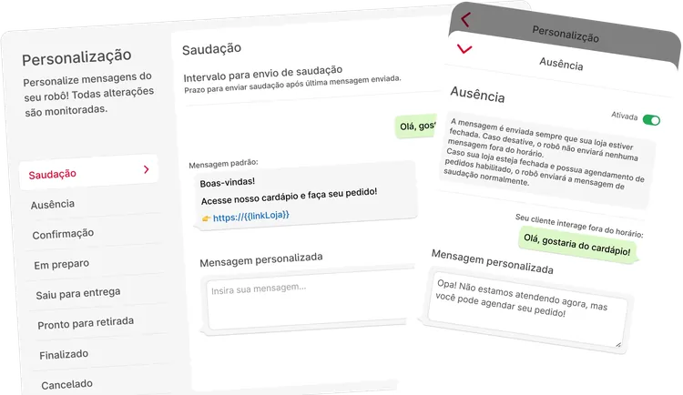 Telas de personalização das mensagens do robô