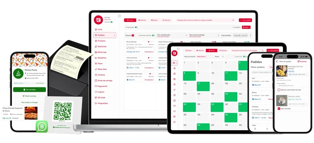 Sistema Cardapio.ai em notebook, tablets, celulares e impressora