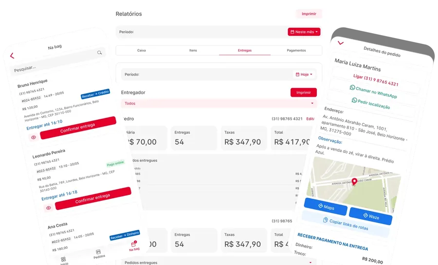 Relatórios de entregas e aplicativo de motoboy da Cardapio.ai em celulares