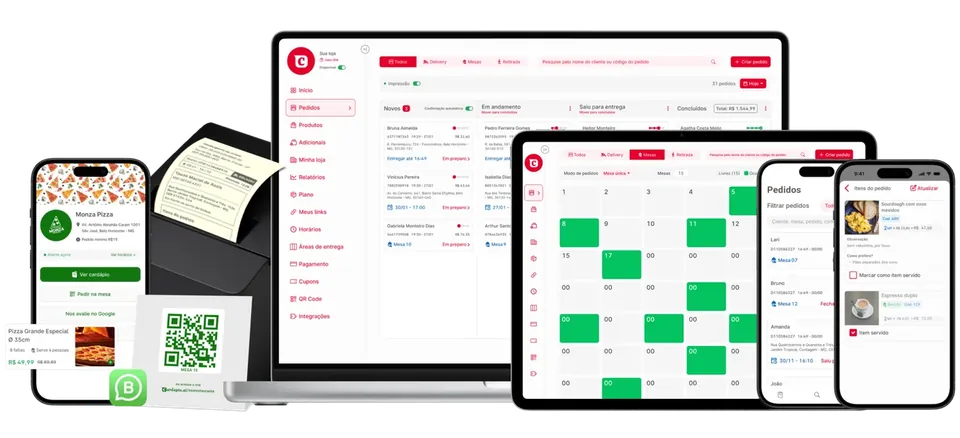 Cardapio.ai rodando em notebook, celulares e impressora térmica