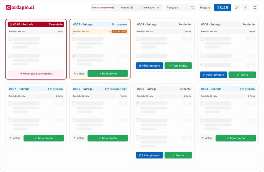 Tela do KDS da Cardapio.ai com cards de pedidos em andamento, prontos e cancelados