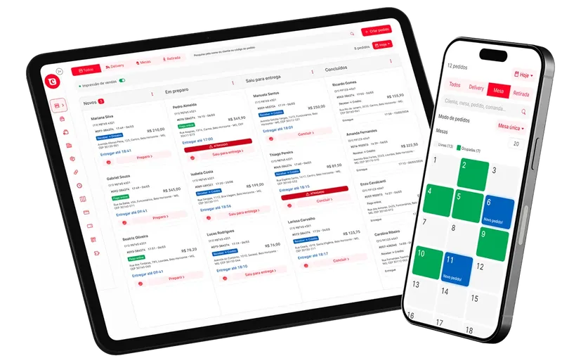 Sistema Cardapio.ai em tablet e celular